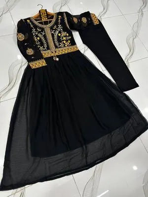 2 Pcs Women's Stitched Chiffon Sequins Embroidered Maxi And Trouser