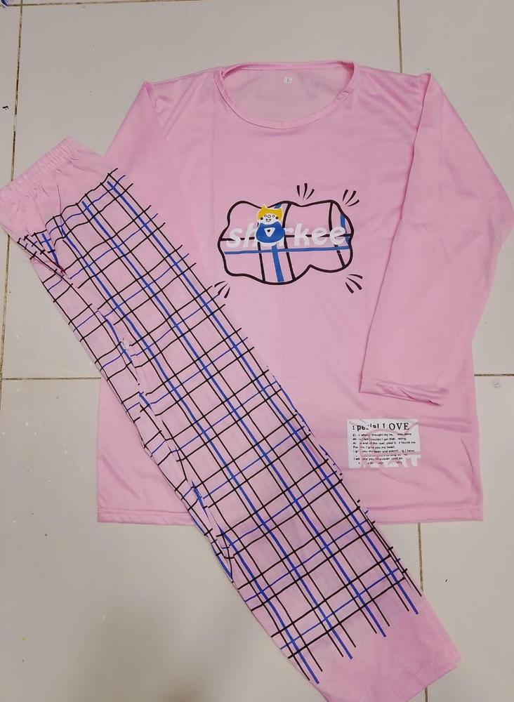 Pink Cotton Night Suit with Plaid Trouser Set