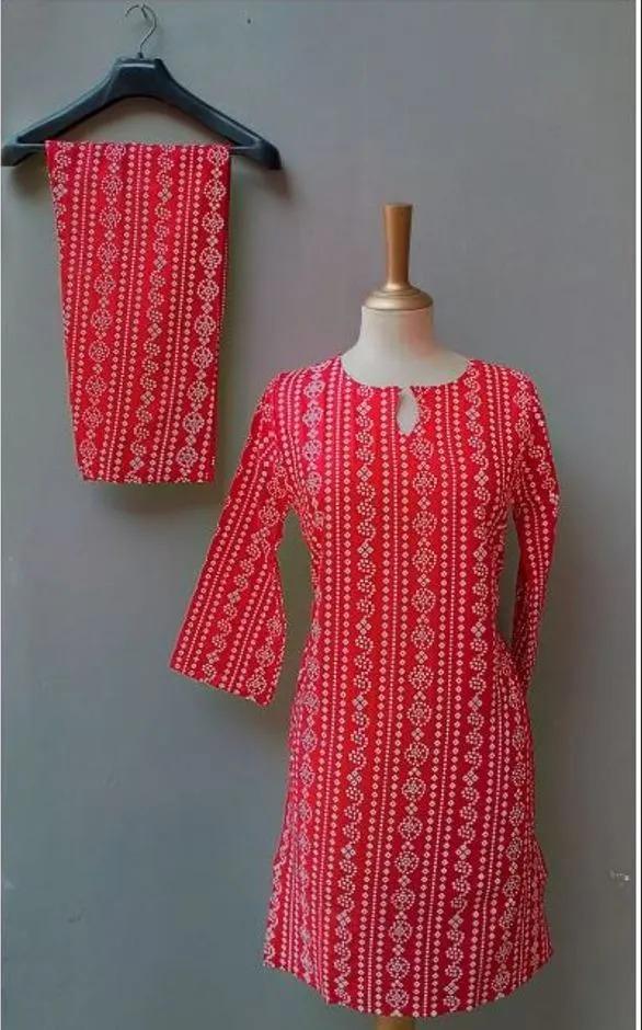 Red Printed Linen 2-Piece Set for Women Medium