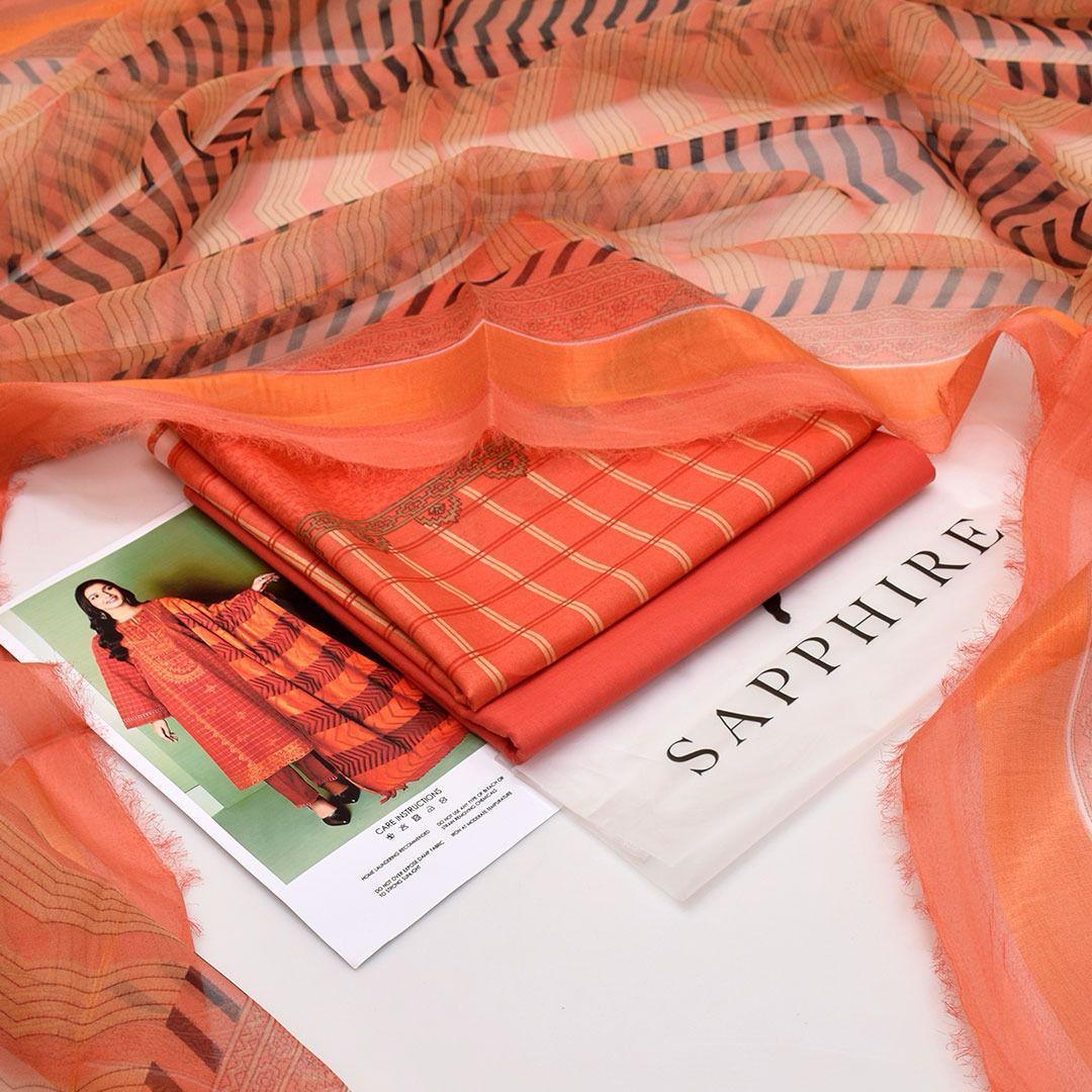 3 Piece Printed Lawn Suit Orange Summer Ready A