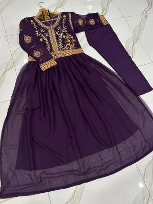 2 Pcs Women's Stitched Chiffon Sequins Embroidered Maxi And Trouser