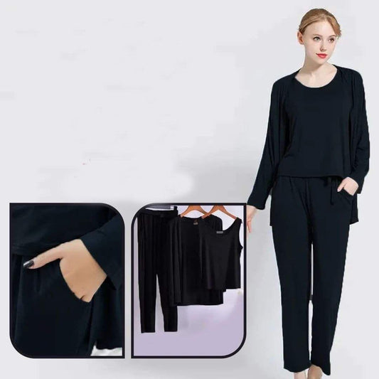 Black 3-Piece Cotton Night Suit Set for Women