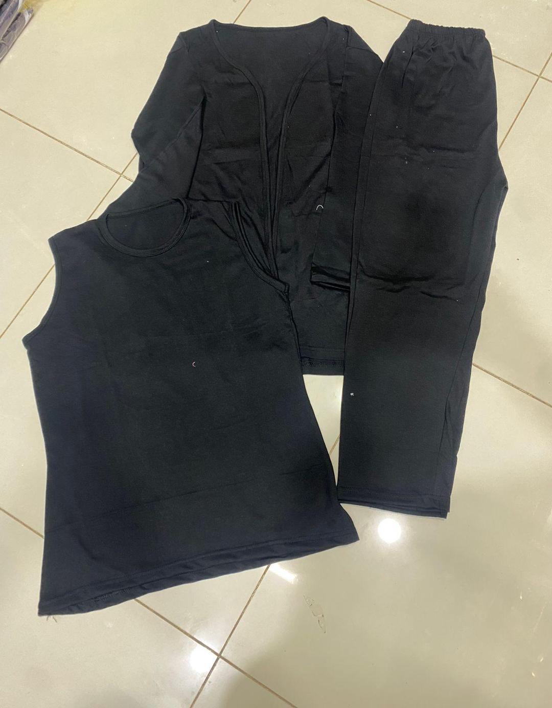 Black 3-Piece Cotton Night Suit Set for Women