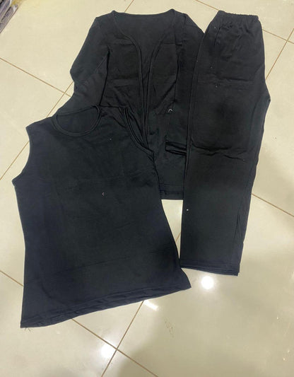 Black 3-Piece Cotton Night Suit Set for Women