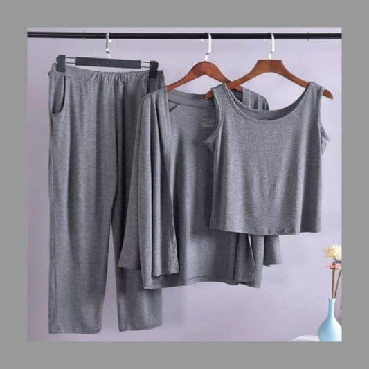 Grey 3-Piece Cotton Night Suit with Shorts & Round Neck Top