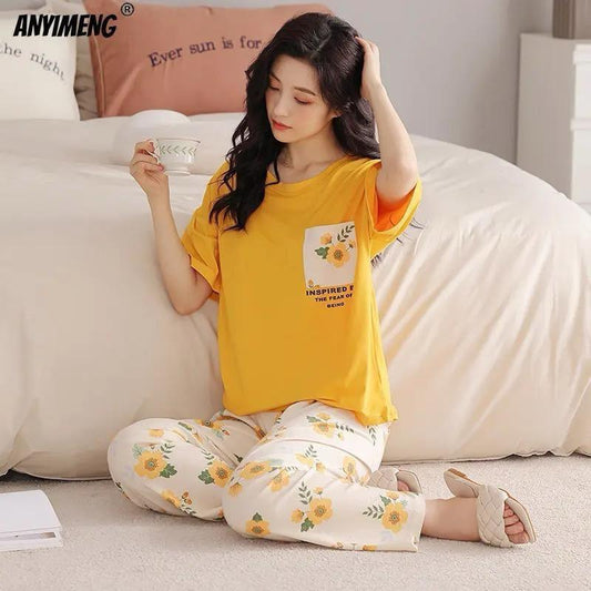 Women Cotton Printed Night Suit Yellow Medium to XL