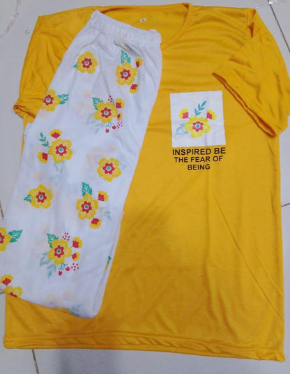 Women Cotton Printed Night Suit Yellow Medium to XL