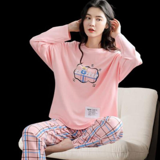 Pink Cotton Night Suit with Plaid Trouser Set