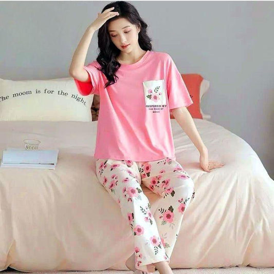 Pink Floral Cotton Night Suit Medium to XL