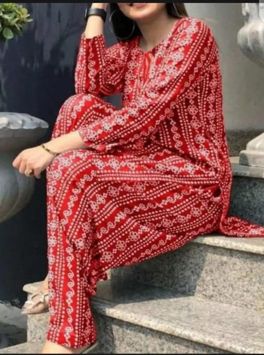 Red Printed Linen 2-Piece Set for Women Medium