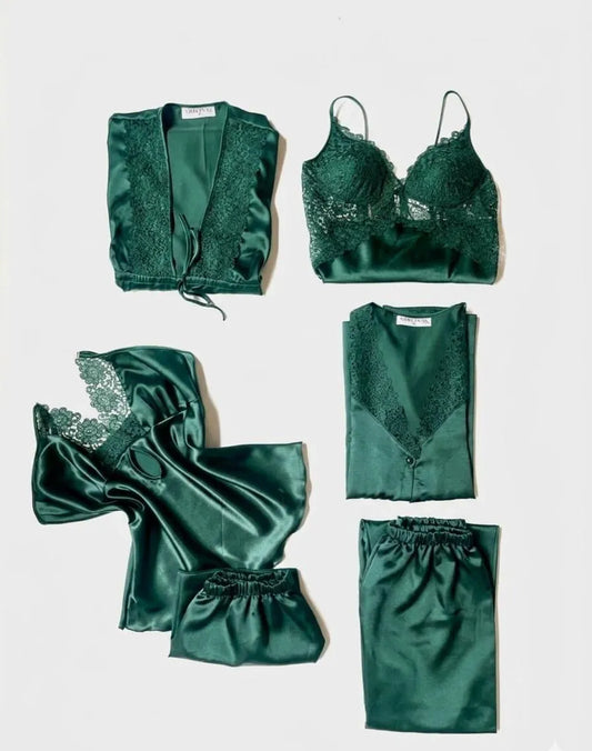 5 Pcs Women Silk Lace Night Suit Set Green