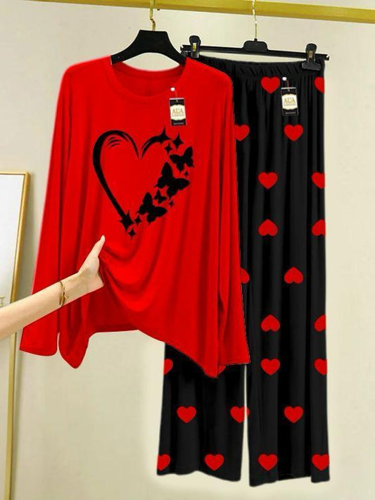 Red Printed 2-Piece Women's Night Suit Set