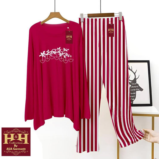 Women Red Printed Night Suit 2 Pcs Cotton Jersey