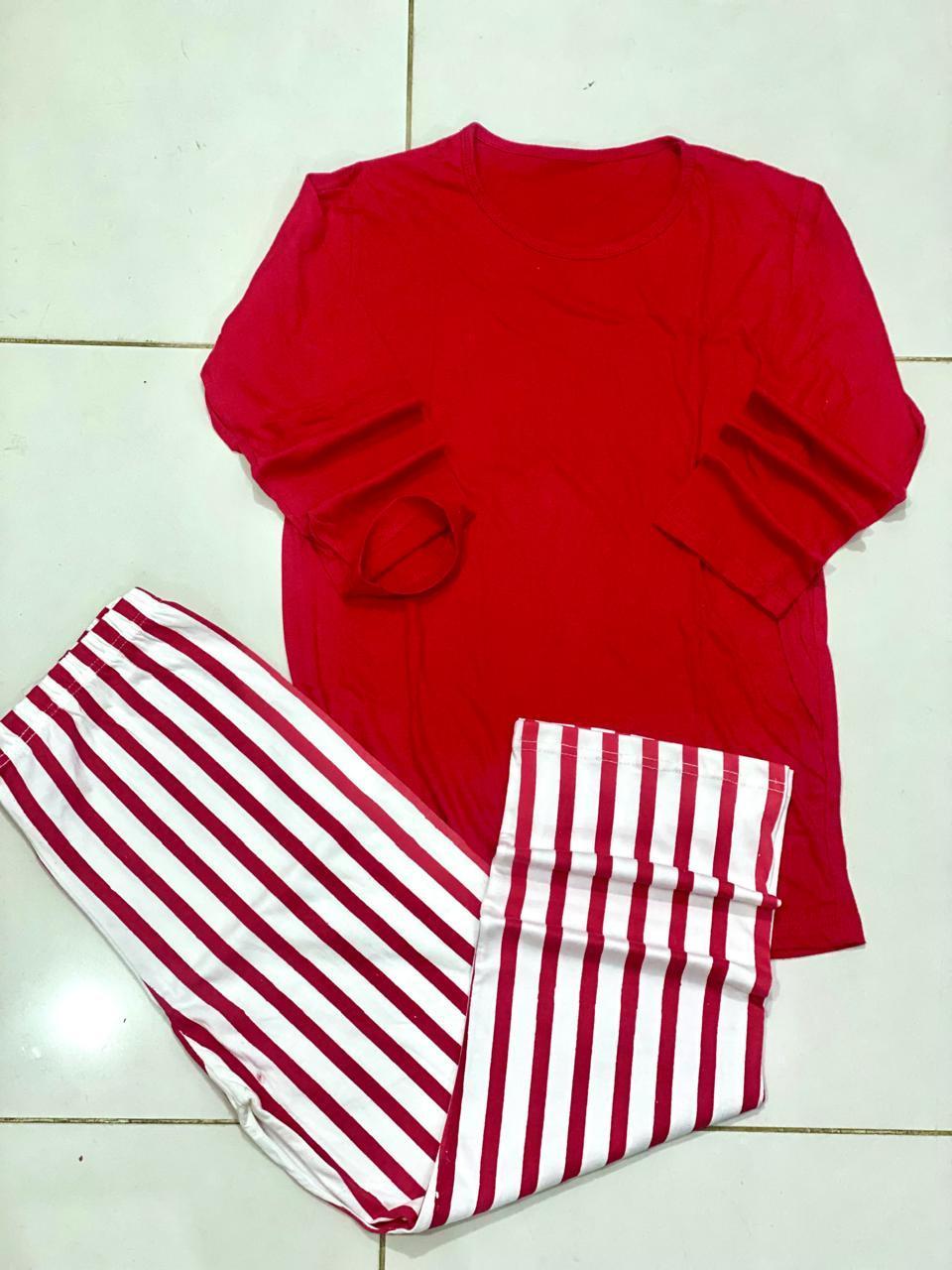 Women Red Printed Night Suit 2 Pcs Cotton Jersey