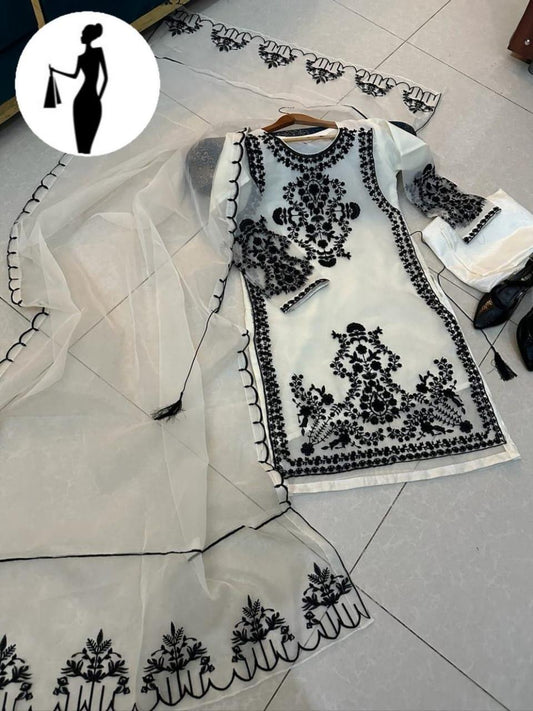 Black Embroidered 3Pcs Women Suit Organza