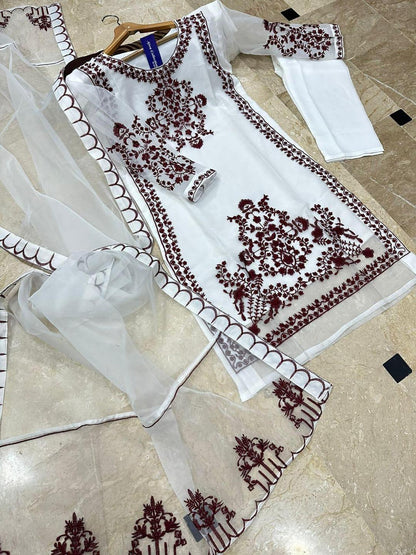 Black Embroidered 3Pcs Women Suit Organza