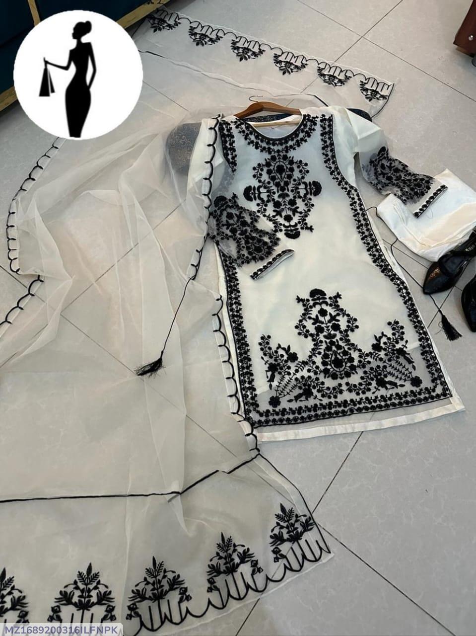 Black Embroidered 3Pcs Women Suit Organza