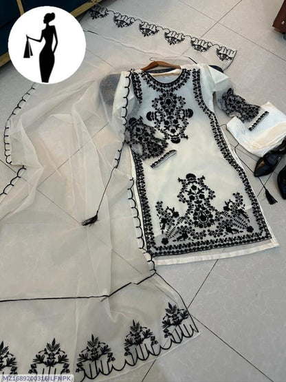 Black Embroidered 3Pcs Women Suit Organza