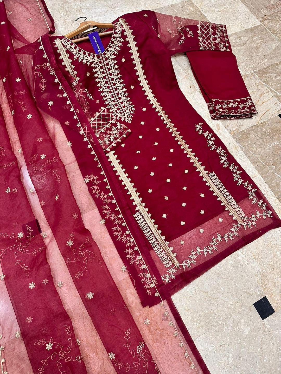 Maroon Embroidered 3-Piece Women Suit for Weddings & Office