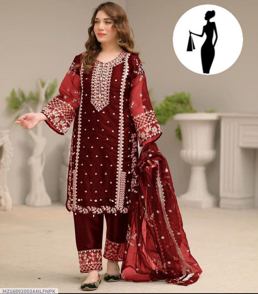 Maroon Embroidered 3-Piece Women Suit for Weddings & Office