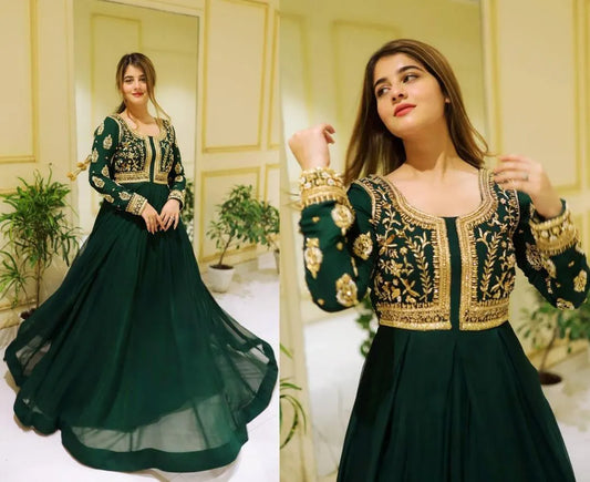 2 Pcs Women's Stitched Chiffon Sequins Embroidered Maxi And Trouser