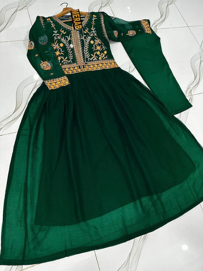 2 Pcs Women's Stitched Chiffon Sequins Embroidered Maxi And Trouser