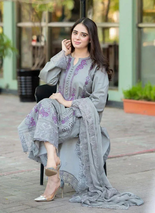 Mushq Embroidered Lawn Suit Grey with Chikenkari Dupatta