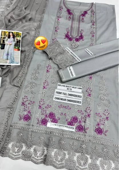 Mushq Embroidered Lawn Suit Grey with Chikenkari Dupatta