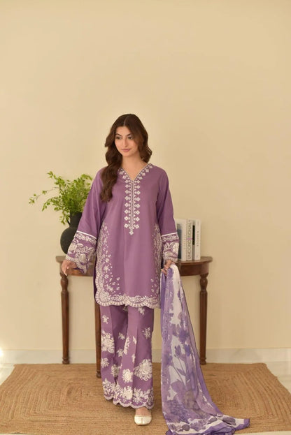 Purple Embroidered Lawn Suit with Printed Dupatta