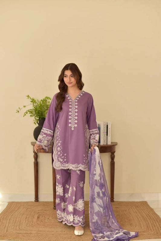 Purple Embroidered Lawn Suit with Printed Dupatta