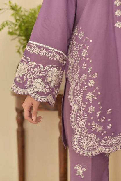 Purple Embroidered Lawn Suit with Printed Dupatta