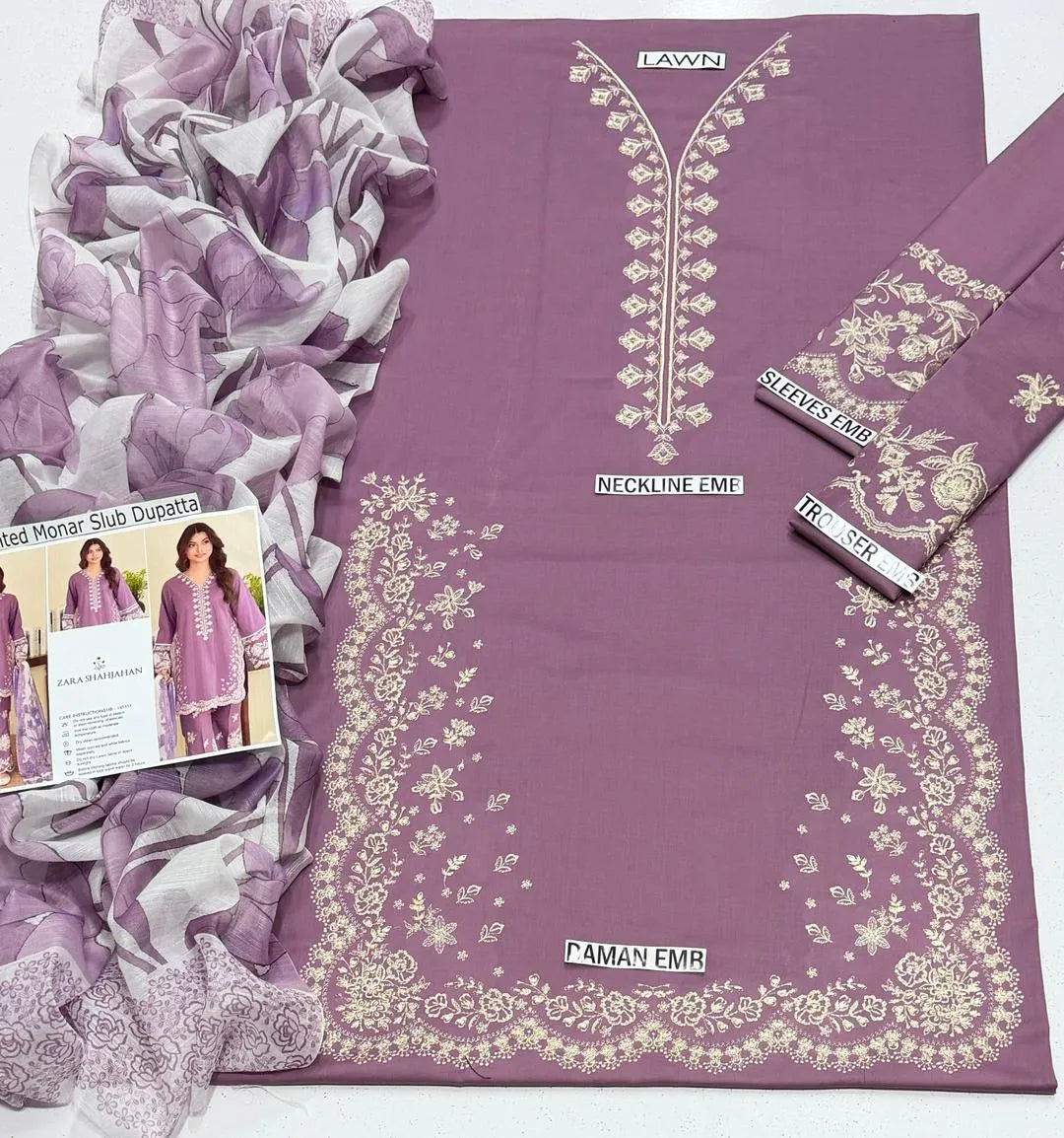 Purple Embroidered Lawn Suit with Printed Dupatta