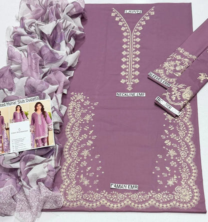 Purple Embroidered Lawn Suit with Printed Dupatta