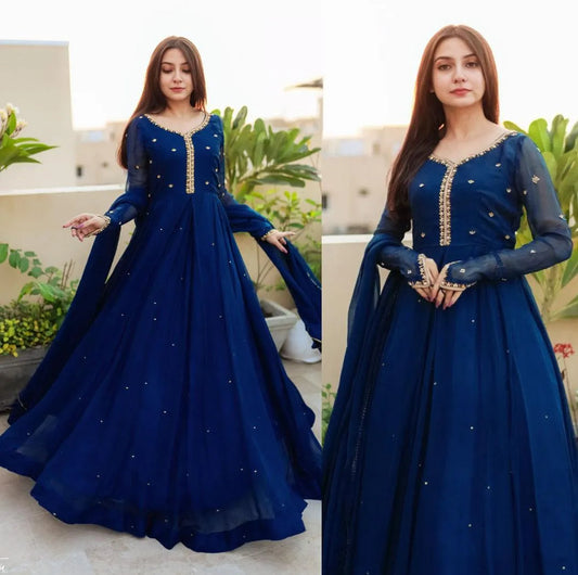 Blue Embroidered Maxi Dress With Pearls & Chiffon Dupatta 3Pcs