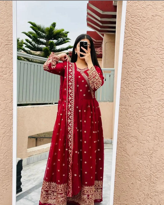 Maroon Angrakha Maxi Set with Embroidered Dupatta