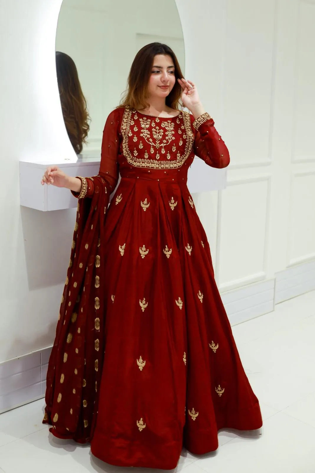 Maroon Chiffon Embroidered 3Pcs Maxi Suit Set for Eid
