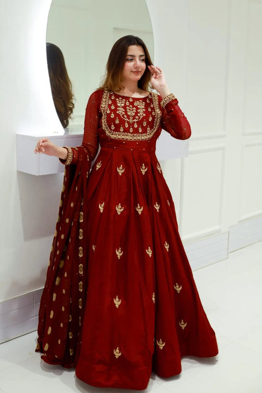 Maroon Chiffon Embroidered 3Pcs Maxi Suit Set for Eid