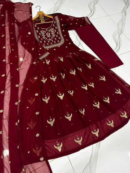 Maroon Chiffon Embroidered 3Pcs Maxi Suit Set for Eid