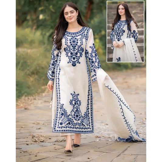 Elegant Blue Embroidered 3-Piece Suit for Women