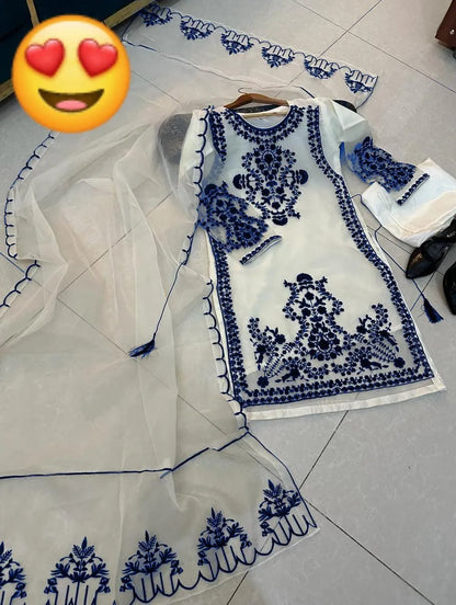 Elegant Blue Embroidered 3-Piece Suit for Women