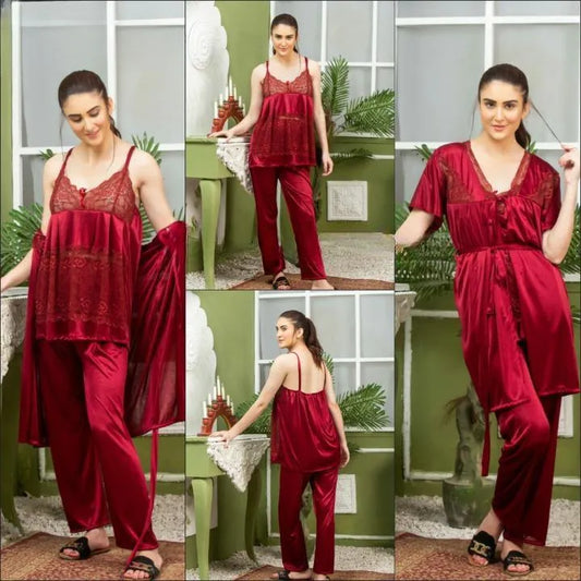 3 Pcs Women's Stitched Silk Lace-Work Night Suit / 3 Pcs Nighty (Gown , inner , Trouser) 114