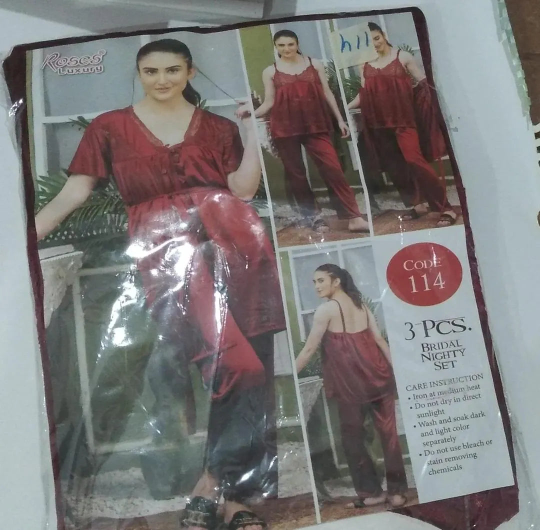 3 Pcs Women's Stitched Silk Lace-Work Night Suit / 3 Pcs Nighty (Gown , inner , Trouser) 114