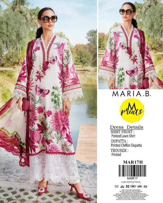 Maria B Printed Lawn 3-Piece Suit Pink Floral Butterfly