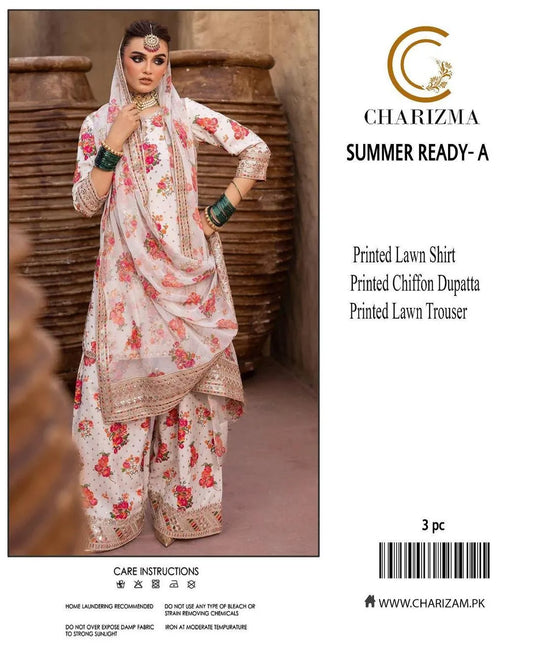 3 Pcs Women's Printed Lawn Suit White Summer