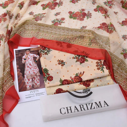 3 Pcs Women's Printed Lawn Suit White Summer