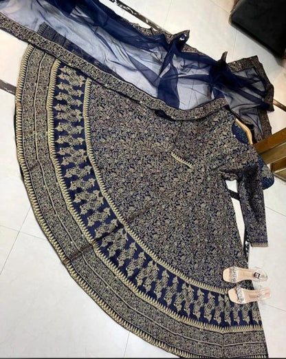 Navy Blue Katan Silk Maxi Suit with Golden Embroidery & Dupatta