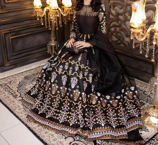 Black Block Printed Maxi Suit 3 Pcs Set with Dupatta
