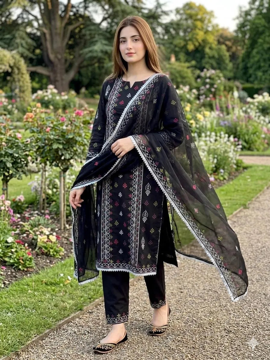 Black Chikankari Lawn 3Pcs Embroidered Suit