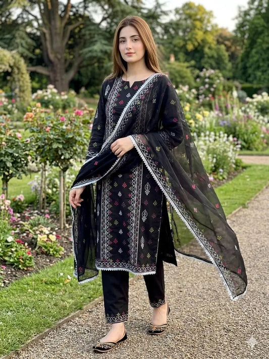 Black Chikankari Lawn 3Pcs Embroidered Suit