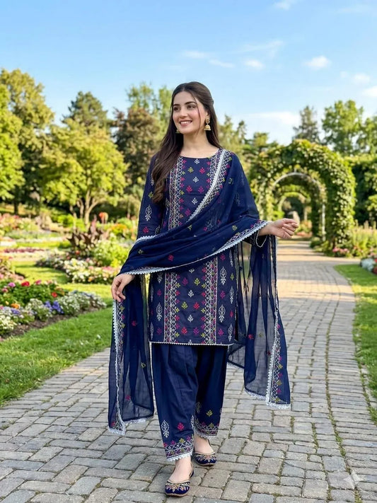 Blue Chikankari Lawn 3Pcs Embroidered Set